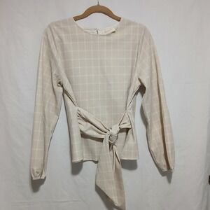 Melloday Cream‎ Plaid Tie Waist Long Sleeve Blouse Top Women's Large
